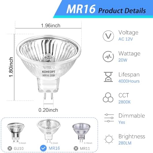 KOHEOPT MR16 20W Halogen Bulbs 4 Pack 12V Durable GU53 Base