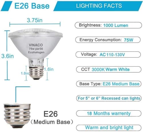 Vinaco PAR30 Short Neck 6pcs 75W Dimmable Light Bulbs