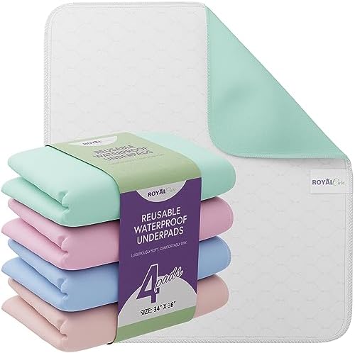 Royal Care Incontinence Bed Pads - 4 Pack 34x36 Reusable Waterproof
