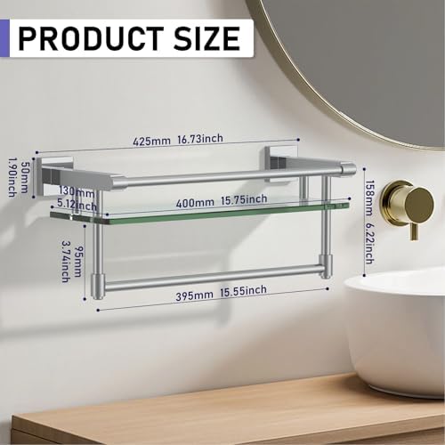 Tempered Glass Shelf with Chrome Towel Bar for Bathroom 1
