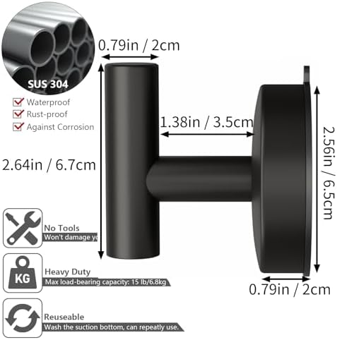 DGYB 15LB Suction Cup Towel Hooks Set of 2 Black Stainless Steel