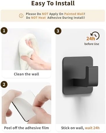 Square Self Adhesive Towel Hooks - 4 Pack Matte Black