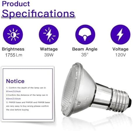 Jaenmsa PAR20 39W Dimmable Halogen Bulbs 6 Pcs