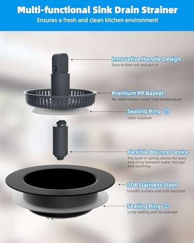 Hibbent 3 in 1 Sink Drain Strainer Combo Matte Black Stainless Steel