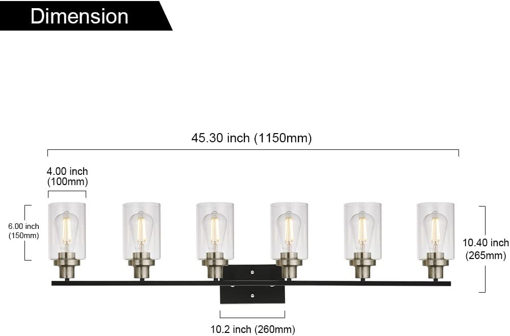 MELUCEE 6-Light Black Brushed Nickel Vanity Light with Clear Glass Shade