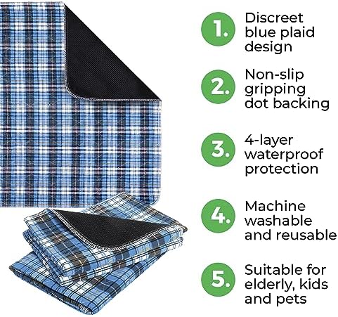 AbleUplift Washable Waterproof Bed Pads 2 Pack Blue Plaid
