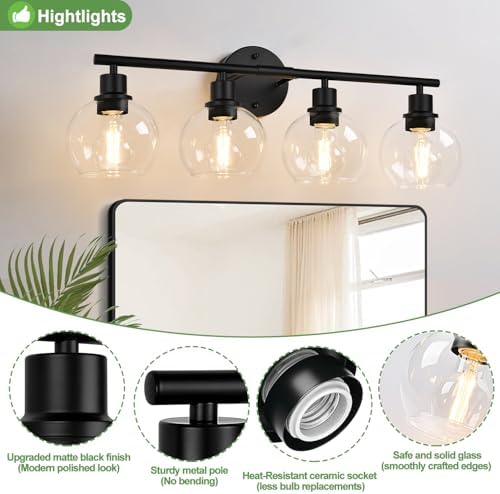 Indoi 4-Light Bathroom Vanity Light Fixture Black