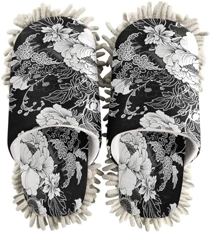 Zhirexin Black White Flowers Cleaning Mop Slippers