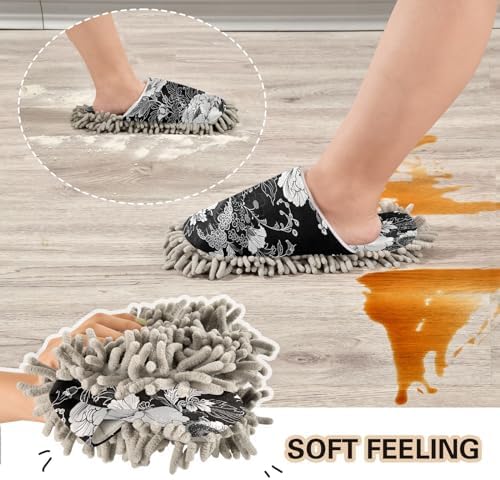 Zhirexin Black White Flowers Cleaning Mop Slippers