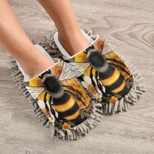White Honey Bee Flowers Mop Slippers for Home Office