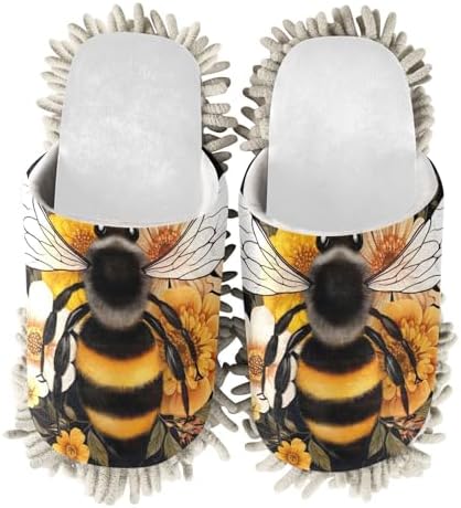 White Honey Bee Flowers Mop Slippers for Home Office