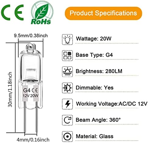 Lacnooe G4 Halogen Bulb 20W 12 Pack Dimmable