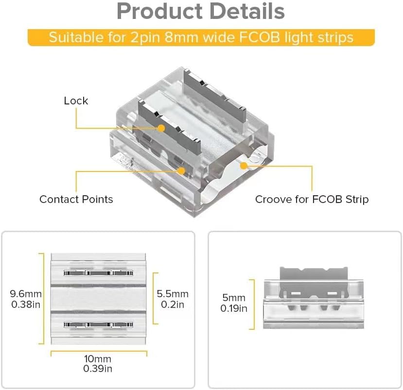 BTF-LIGHTING 50PCS 2pin 8mm Transparent FCOB COB Connector Kit