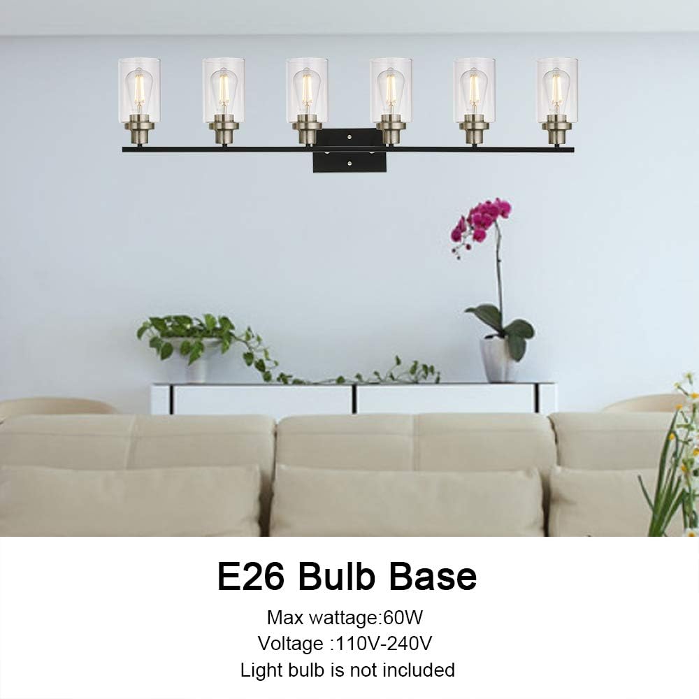 MELUCEE 6-Light Black Brushed Nickel Vanity Light with Clear Glass Shade