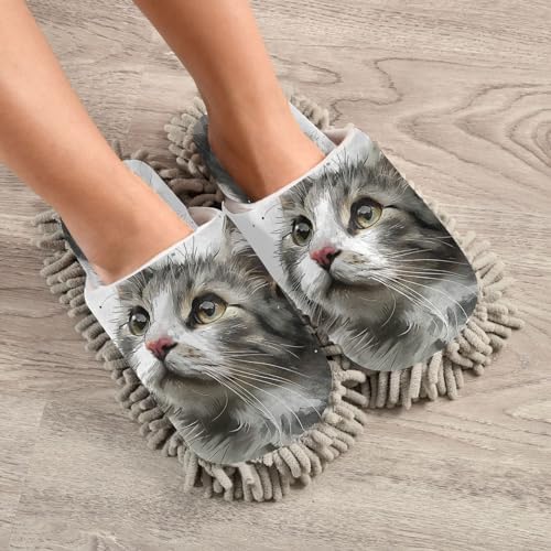 Zhirexin White Cat Microfiber Mop Slippers for Men Women