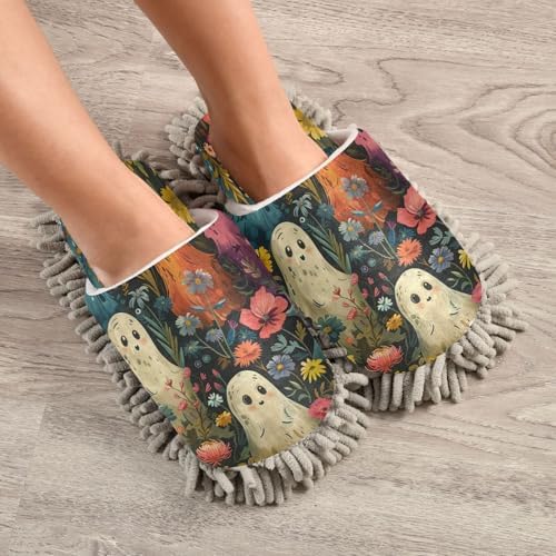 Zhirexin Halloween White Cute Spectre Cleaning Mop Slippers
