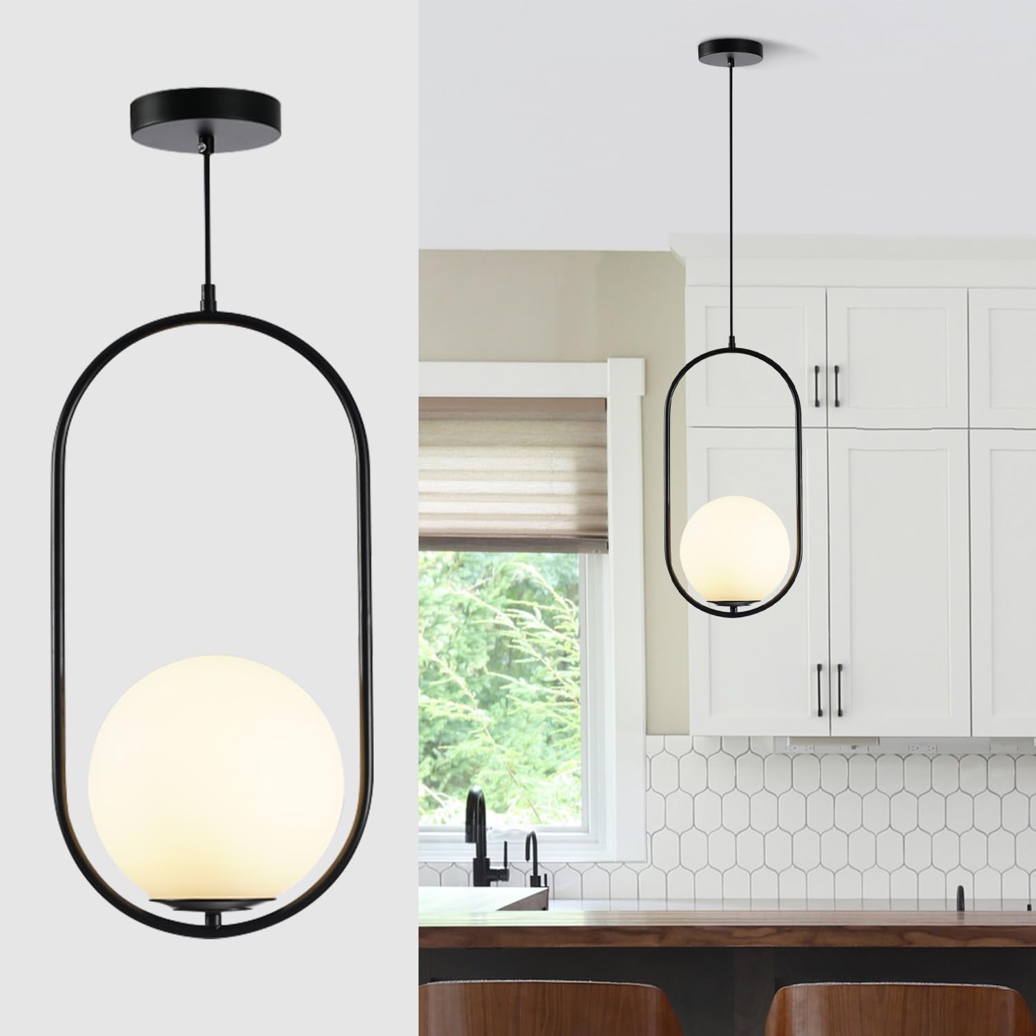 Fulesi Modern Matte Black Pendant Light with White Glass Shade
