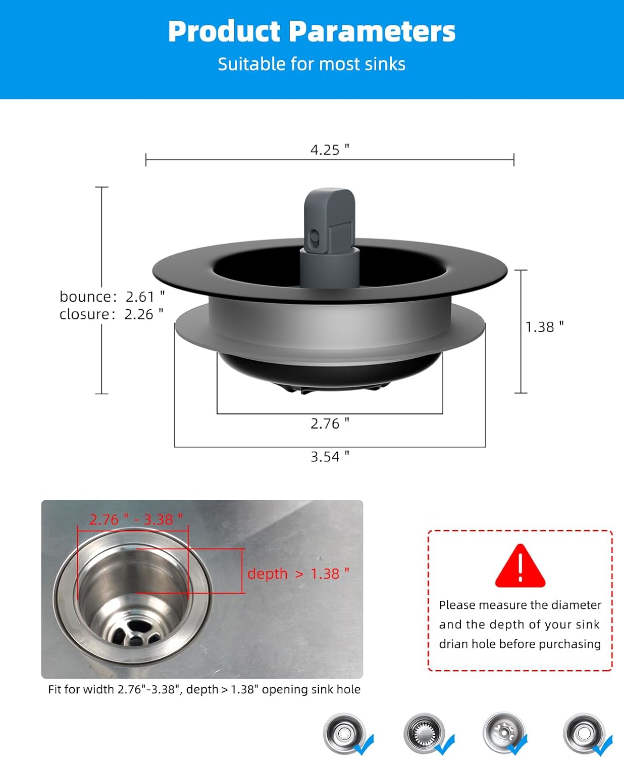 Hibbent 3 in 1 Sink Drain Strainer Combo Matte Black Stainless Steel