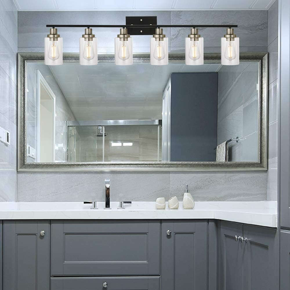 MELUCEE 6-Light Black Brushed Nickel Vanity Light with Clear Glass Shade