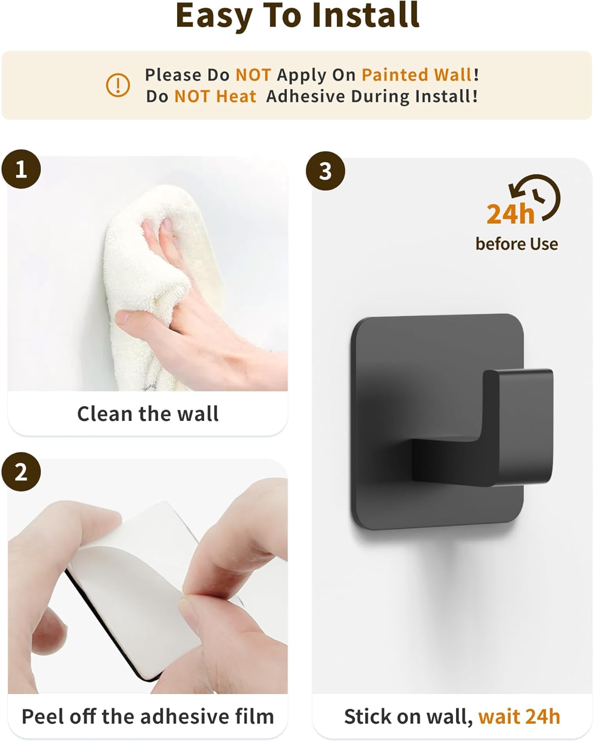 Square Self Adhesive Towel Hooks - 4 Pack Matte Black