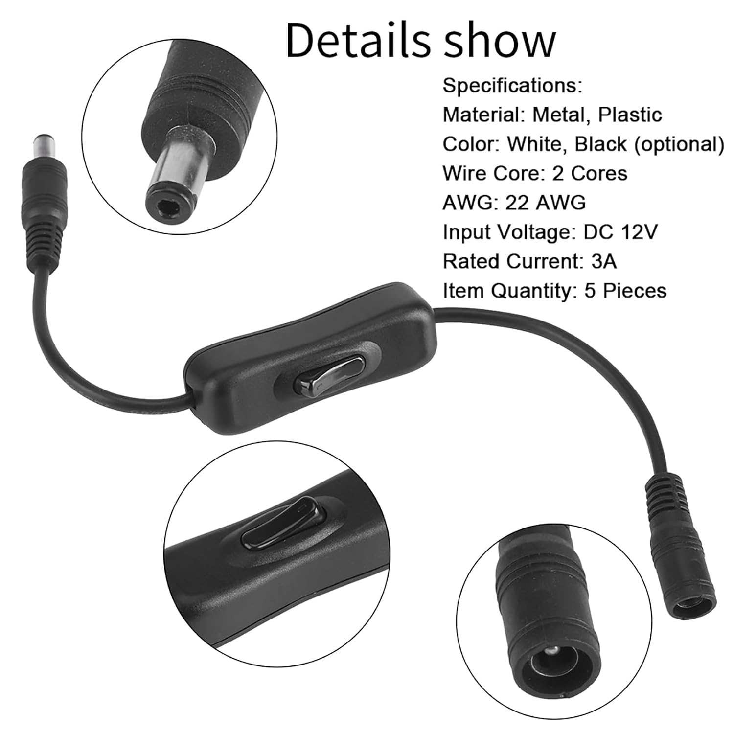 5PCS Black DC Light Bar Switch Connector