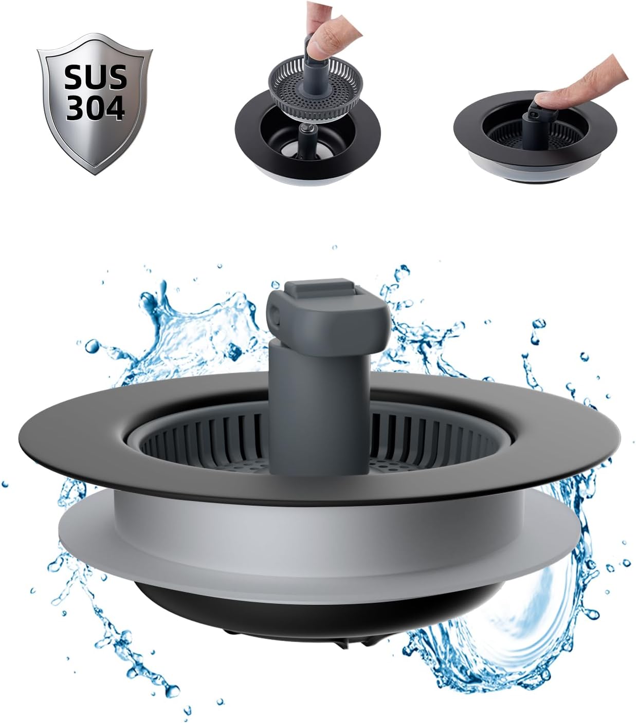 Hibbent 3 in 1 Sink Drain Strainer Combo Matte Black Stainless Steel