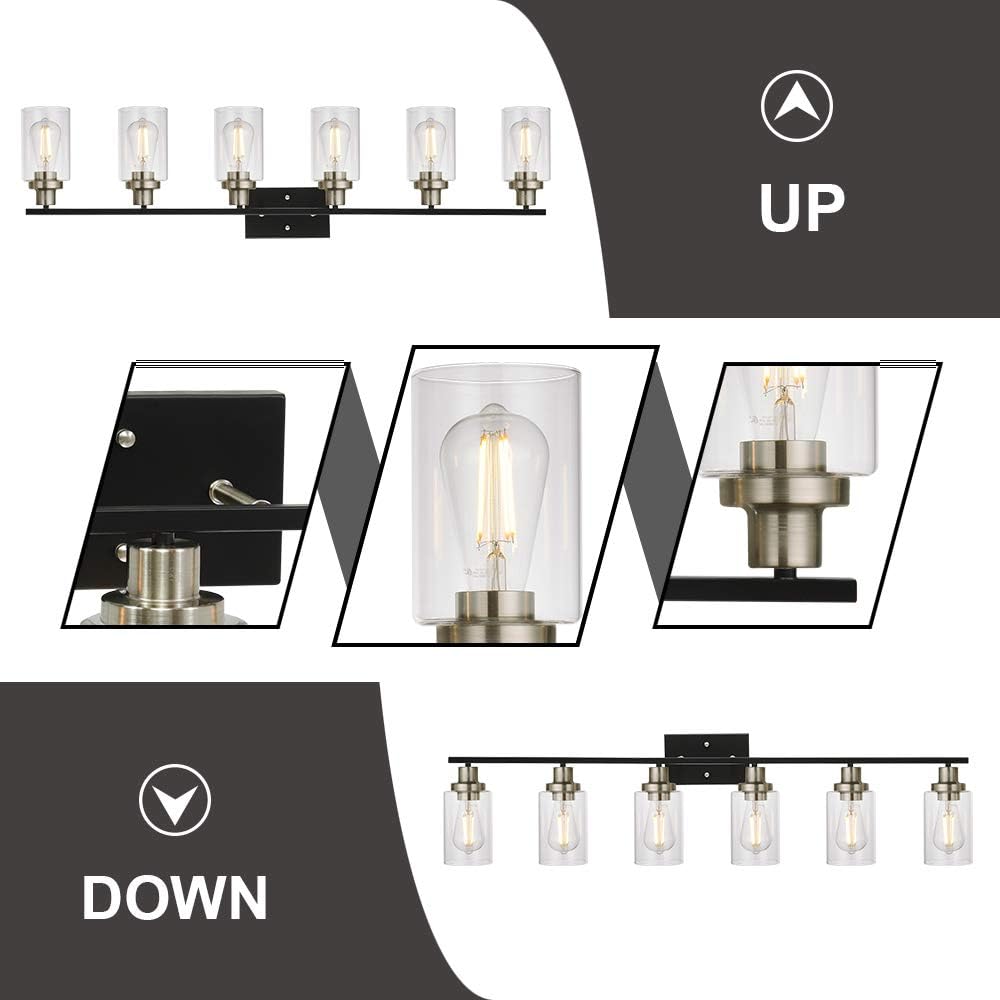 MELUCEE 6-Light Black Brushed Nickel Vanity Light with Clear Glass Shade