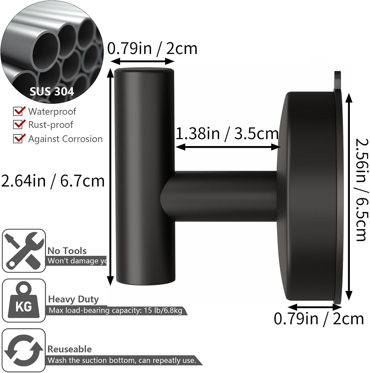 DGYB 15LB Suction Cup Towel Hooks Set of 2 Black Stainless Steel