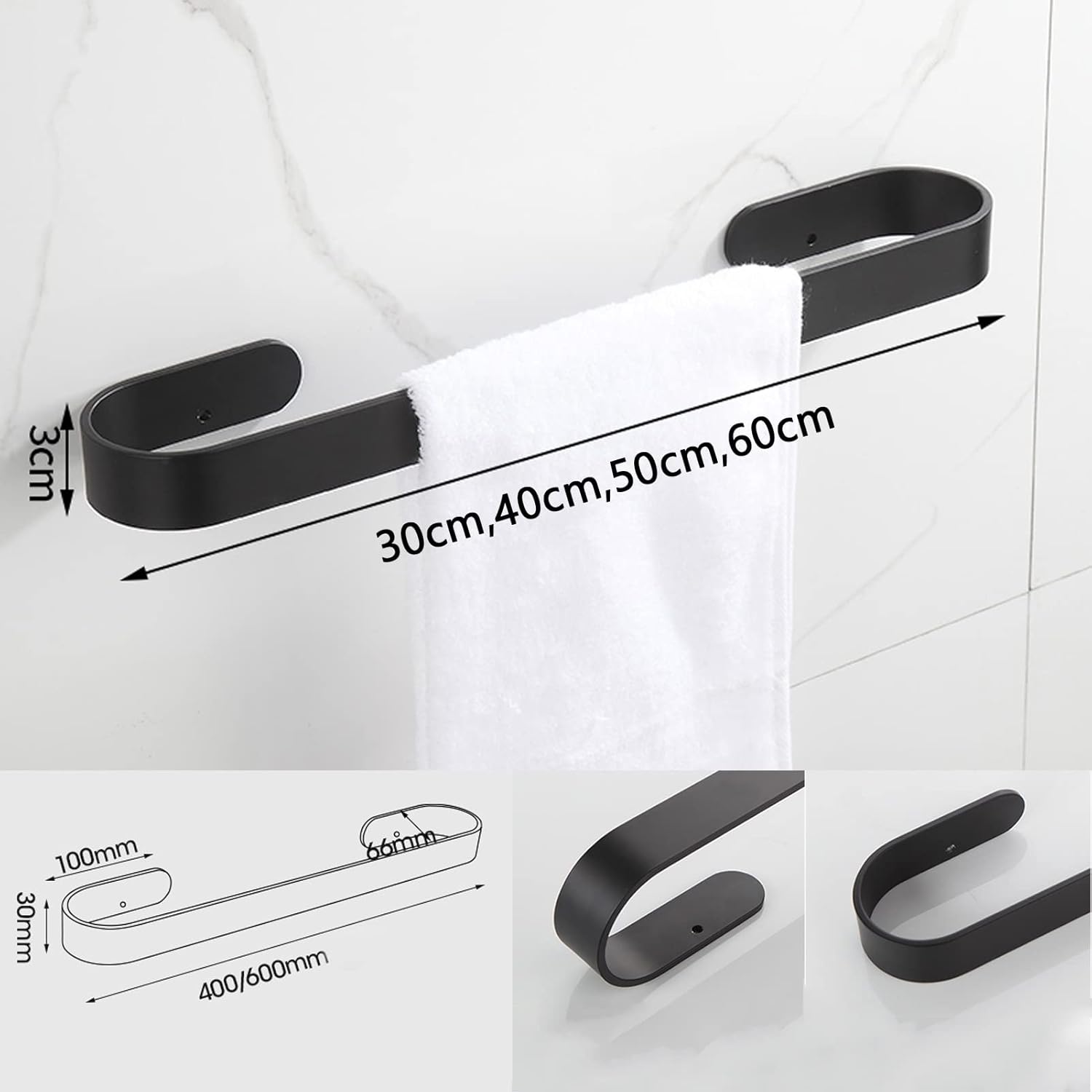 Black Stainless Steel Towel Bar Rails 30cm-80cm Wall Mount