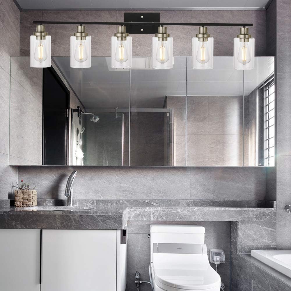 MELUCEE 6-Light Black Brushed Nickel Vanity Light with Clear Glass Shade