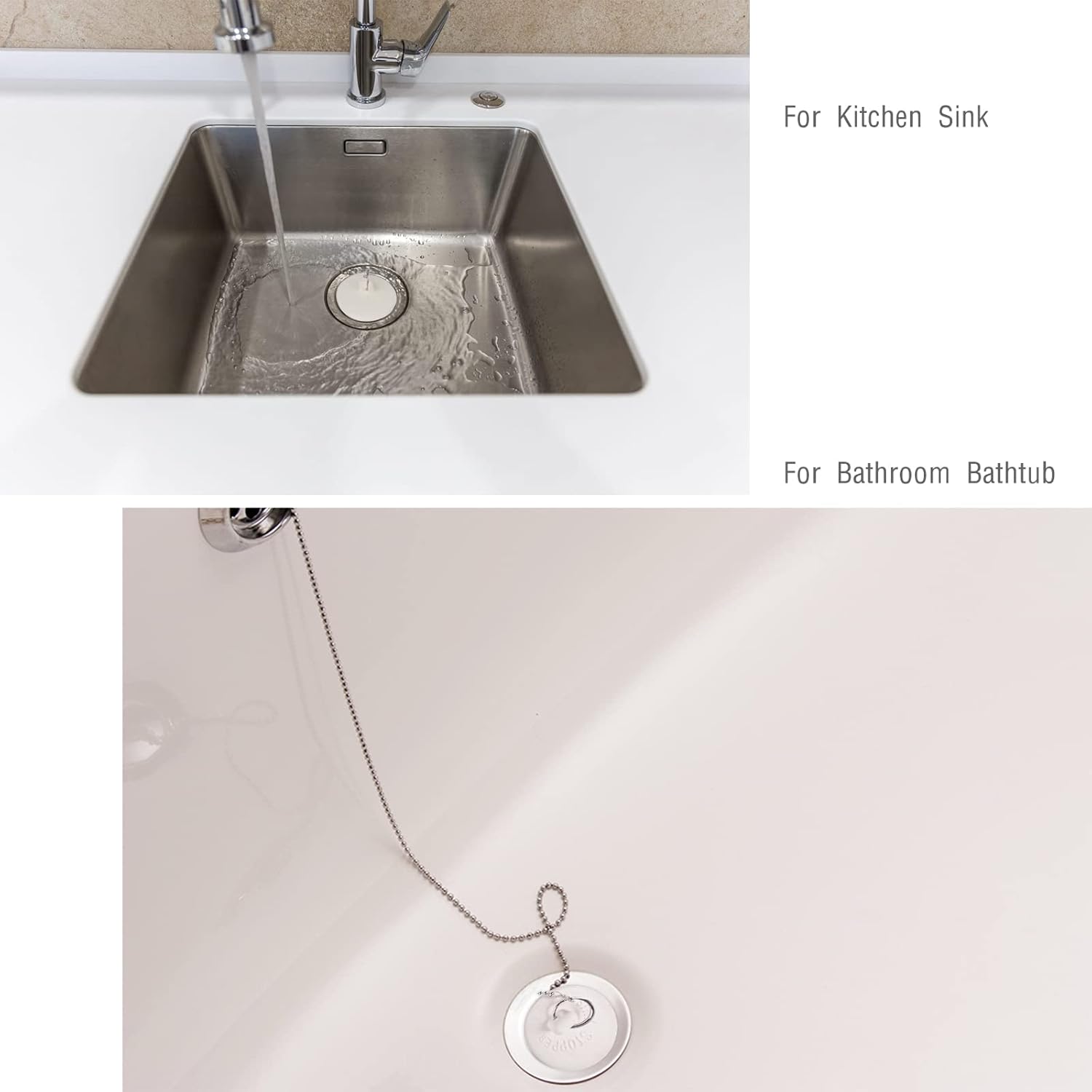 Opzour 2 Pack Tub Stopper with Stainless Chain White