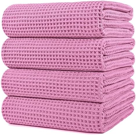 POLYTE Microfiber Bath Towel 60x30 in 4 Pack Pink Waffle Weave