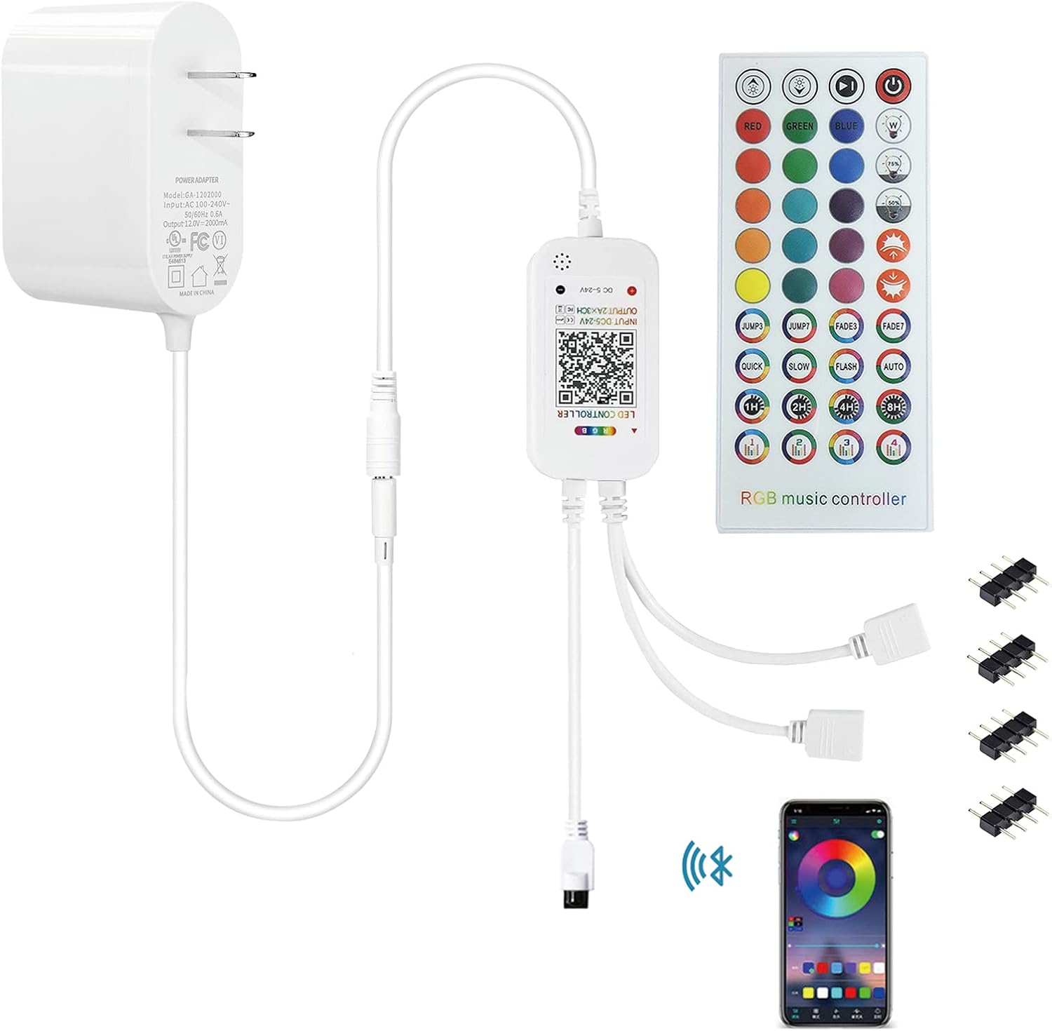 GXILEE Bluetooth RGB LED Controller with UL Power and 4 Pin Connectors