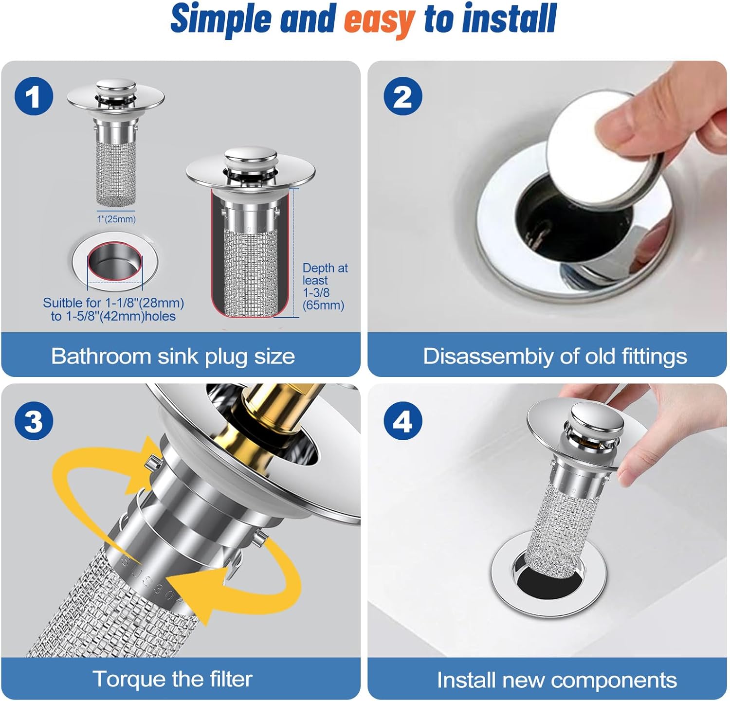Bathroom Sink Stopper Hair Catcher with Pop Up Mechanism 1Pcs Universal Replacement