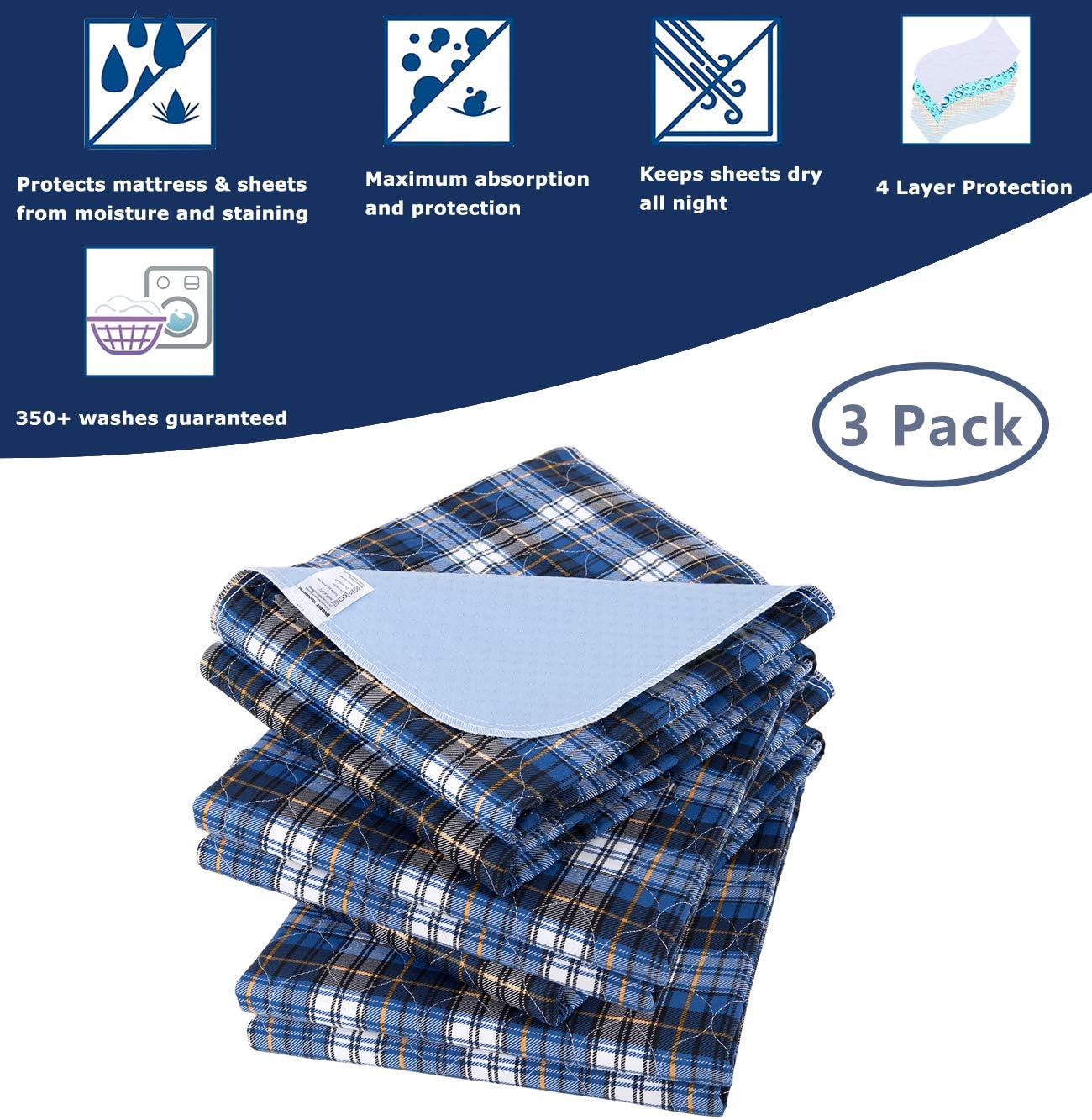 Brosive Non-Slip Incontinence Bed Pads 3 Pack 18 x 24