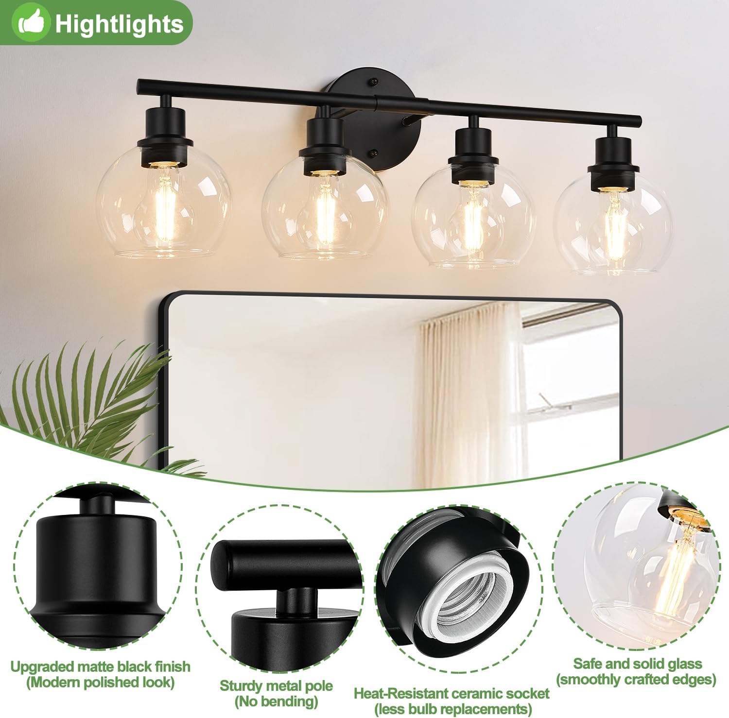 Indoi 4-Light Bathroom Vanity Light Fixture Black