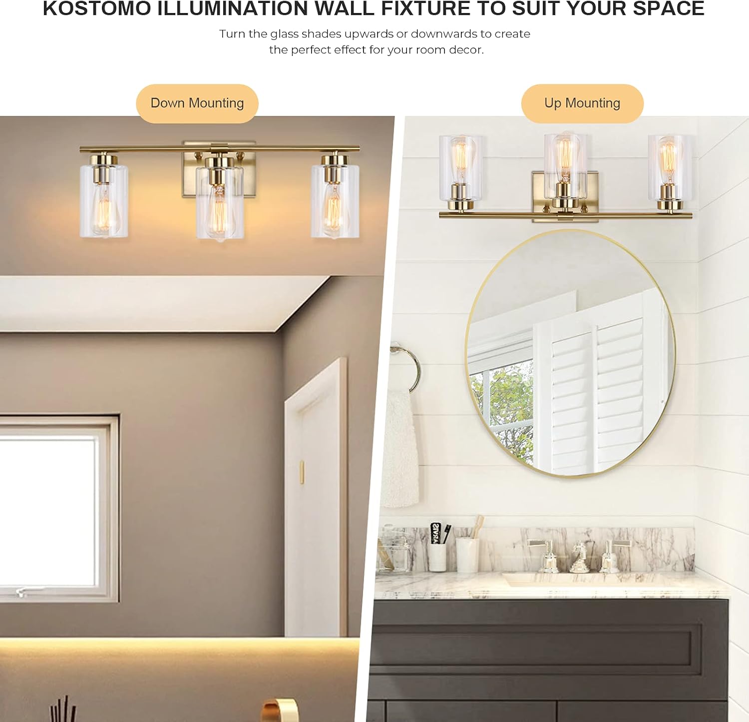 KOSTOMO 3 Light Gold Brass Vanity Light Wall Sconce 1