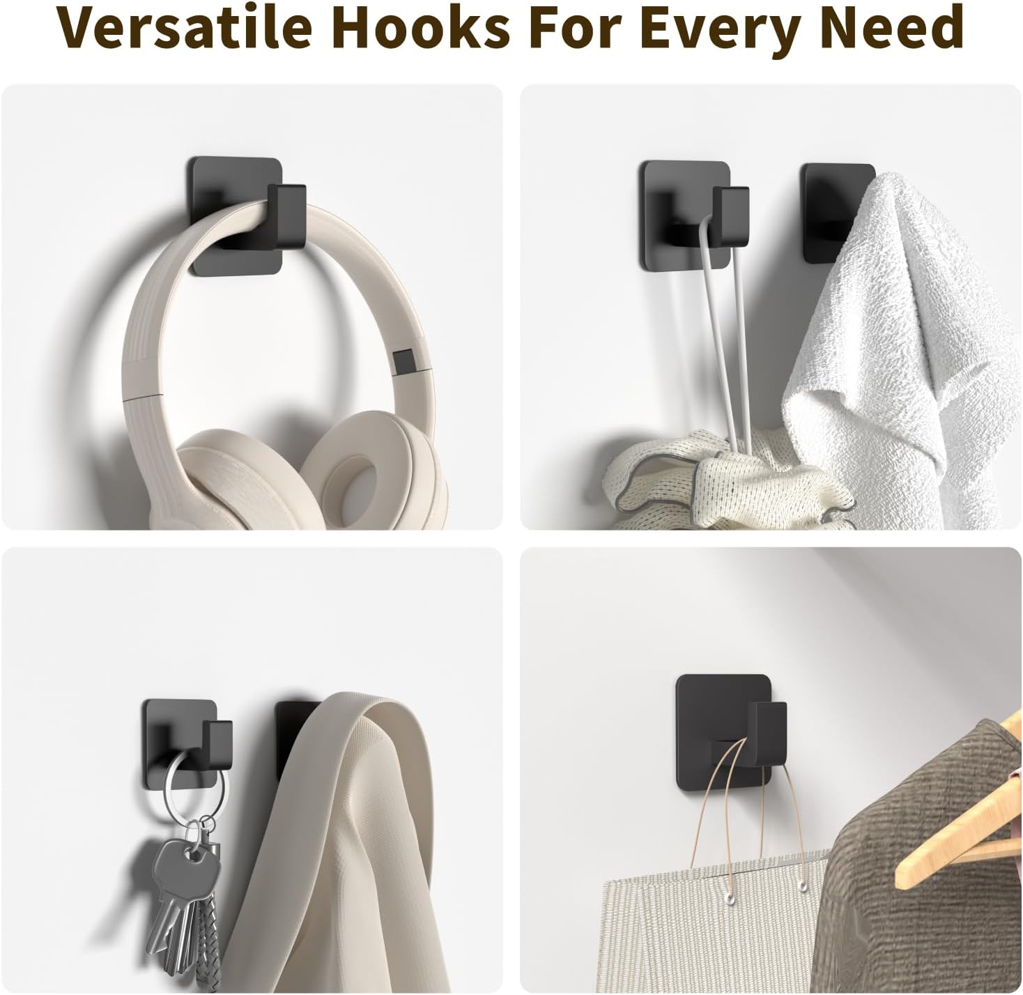 Square Self Adhesive Towel Hooks - 4 Pack Matte Black