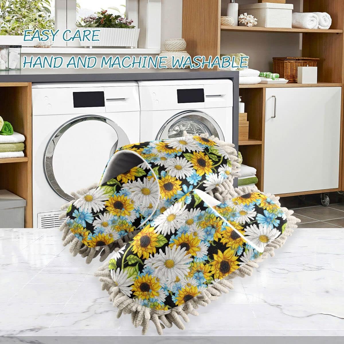DOMIKING Daisy Flower Cleaning Slippers for Women Mop House Duster Shoes
