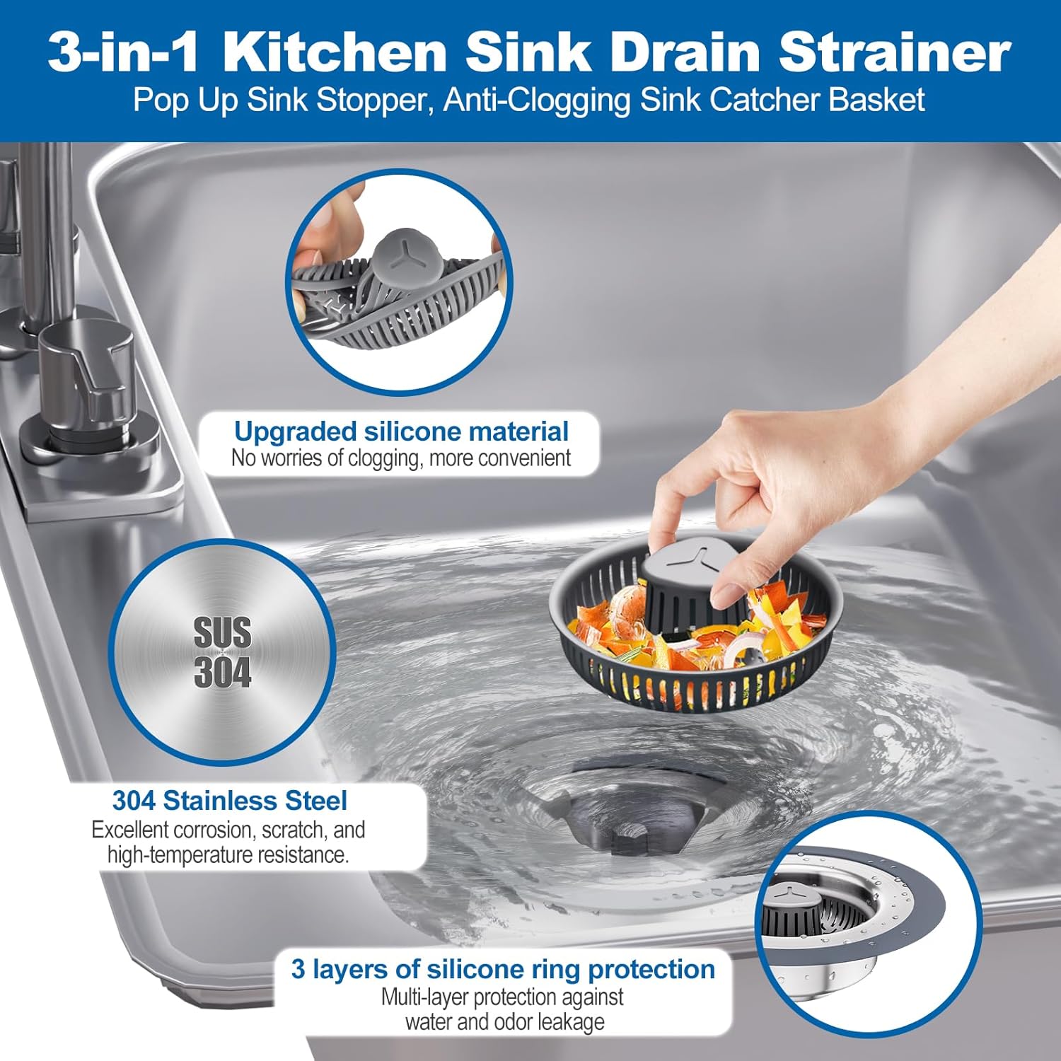 3 in 1 Universal Kitchen Sink Drain Strainer Stopper