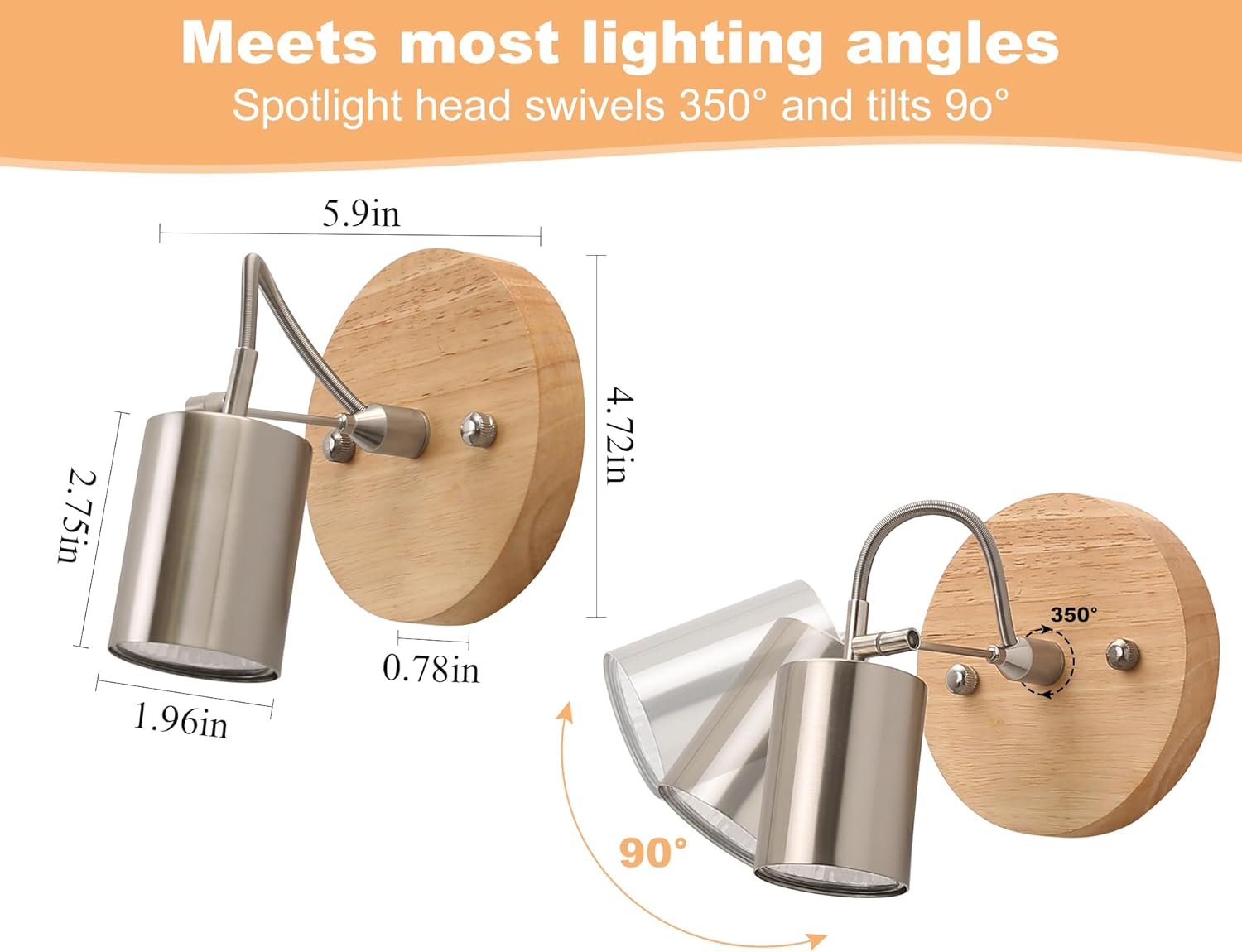 2 Pack Adjustable Ceiling Spotlights with Wooden Base 1