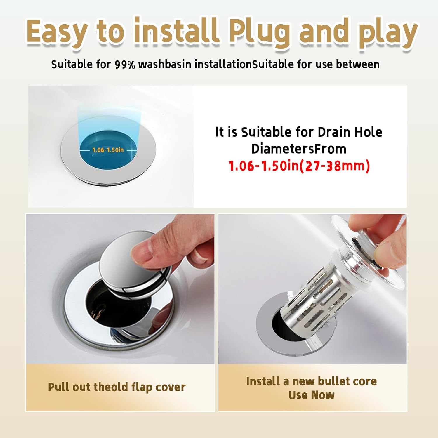 Universal Stainless Steel Sink Stopper with Hair Strainer