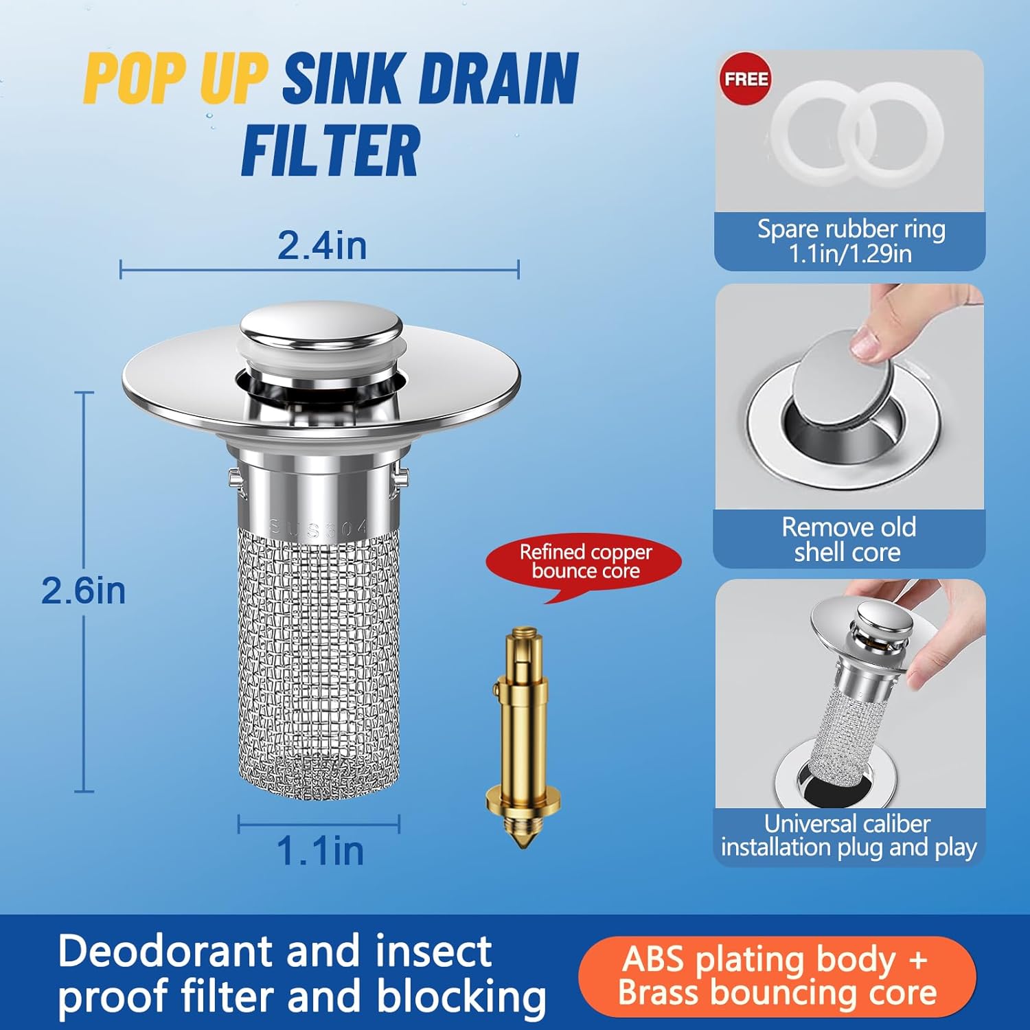 Bathroom Sink Stopper Hair Catcher with Pop Up Mechanism 1Pcs Universal Replacement