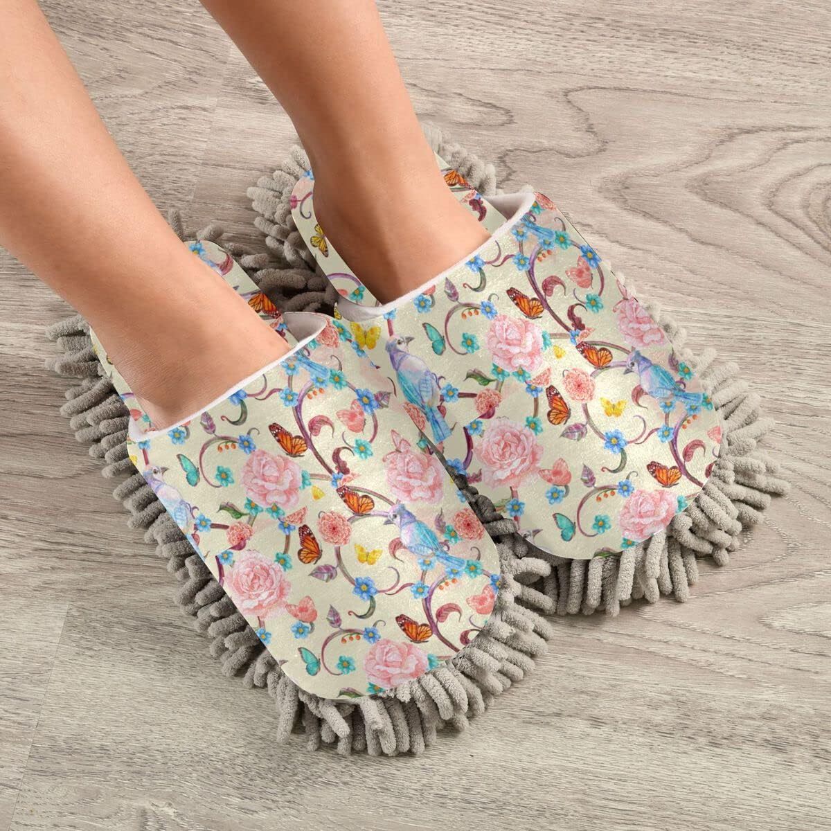 DOMIKING Butterfly Birds Mop Slippers for Women
