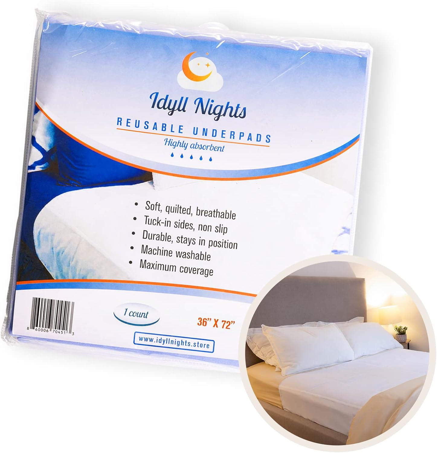Idyll Nights Reusable Incontinence Bed Pad - Large 36x72 Waterproof Coverage
