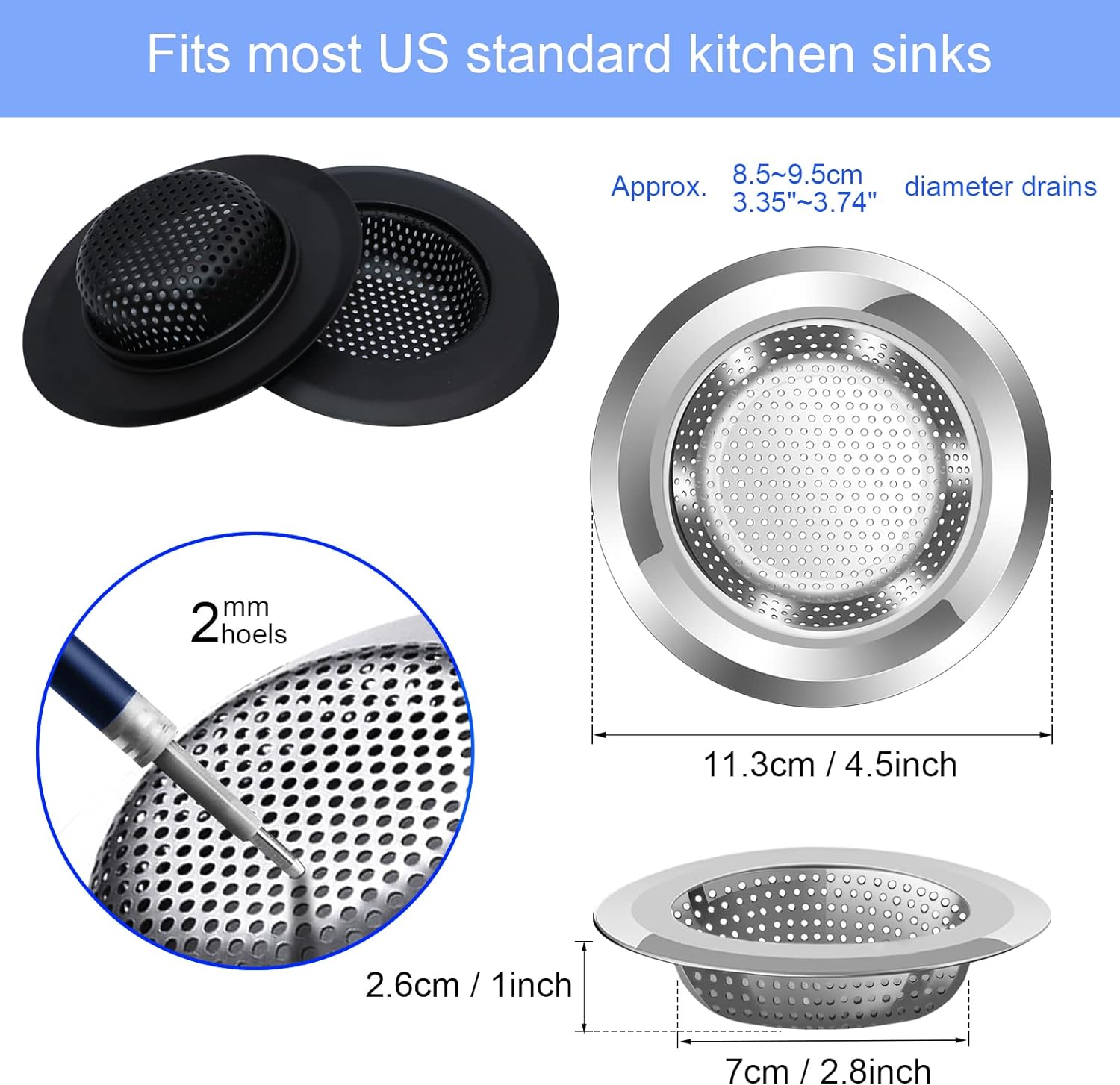 V-TOP 4 Pack Stainless Steel Black Mesh Kitchen Sink Strainers