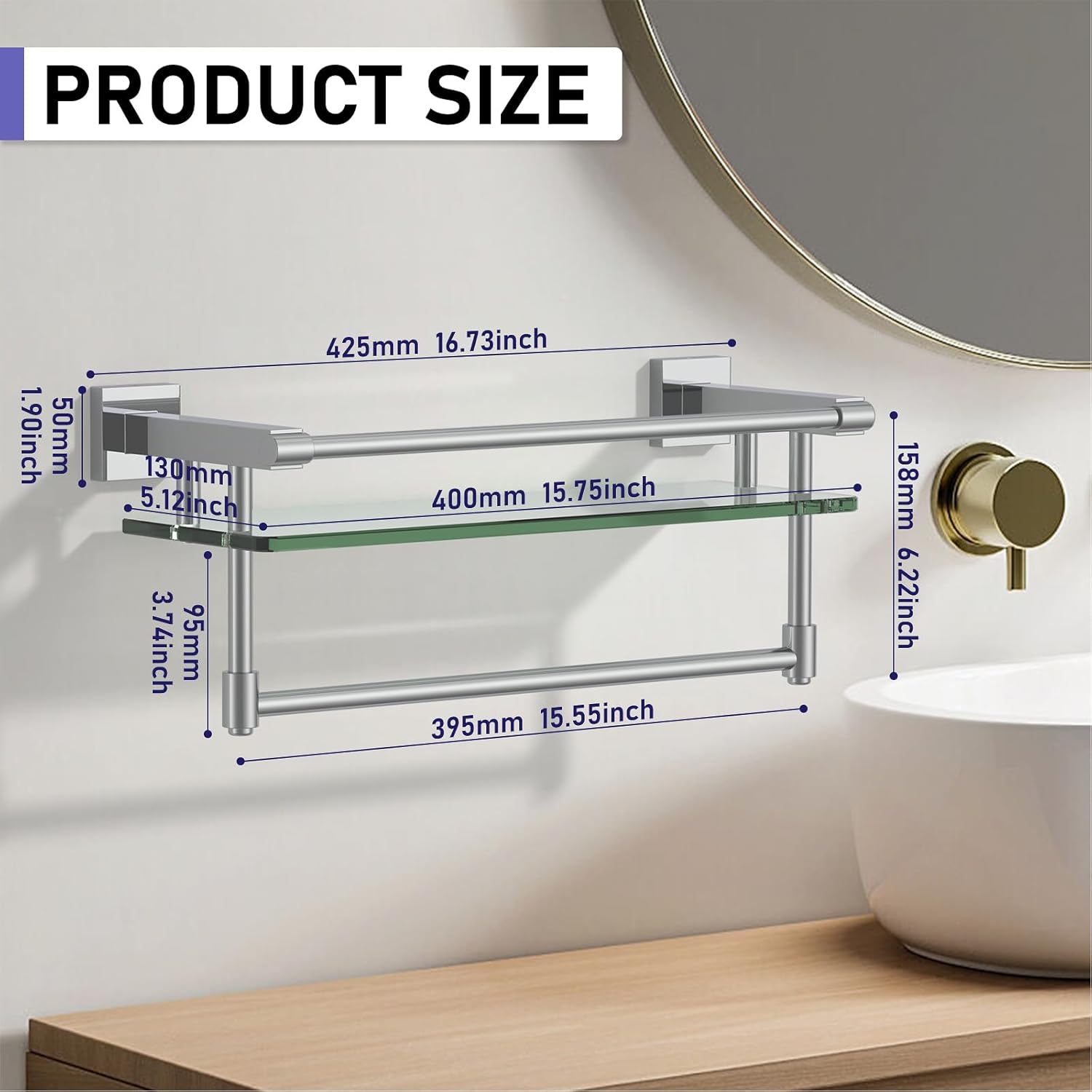 Tempered Glass Shelf with Chrome Towel Bar for Bathroom 1