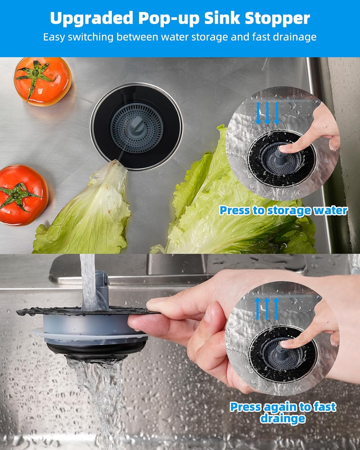 Hibbent 3 in 1 Sink Drain Strainer Combo Matte Black Stainless Steel