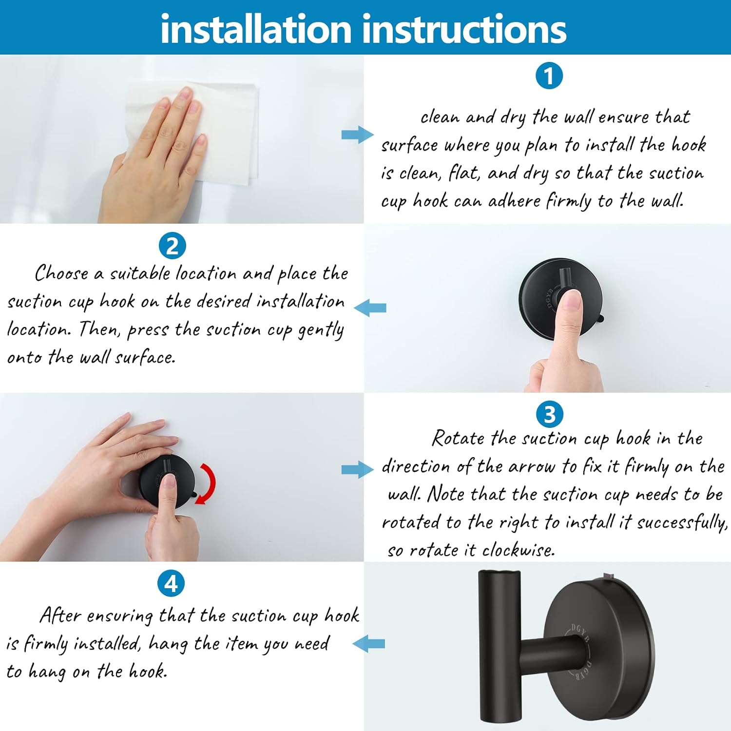 DGYB 15LB Suction Cup Towel Hooks Set of 2 Black Stainless Steel