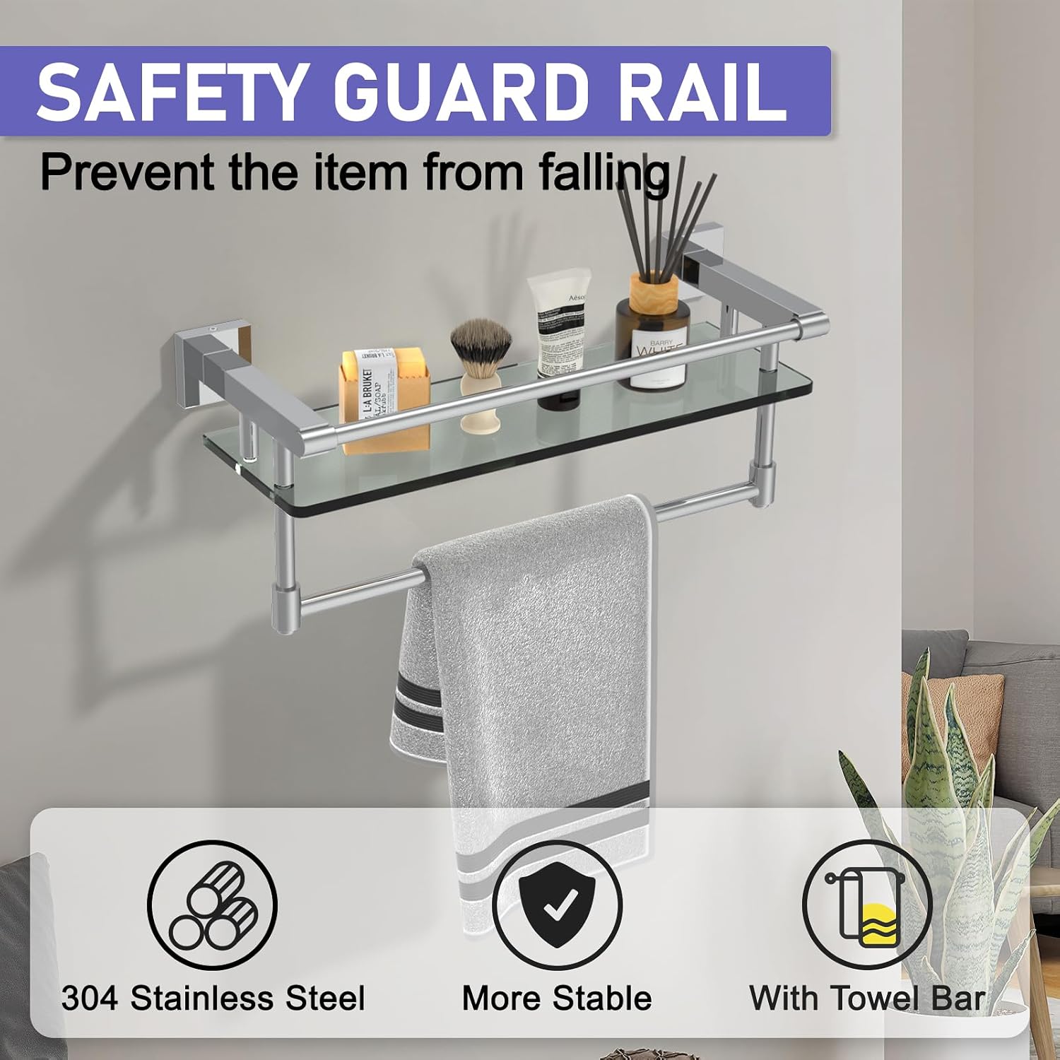 Tempered Glass Shelf with Chrome Towel Bar for Bathroom 1